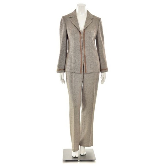 St. John Collection 3pc Leather Trimmed Pantsuit/Skirtsuit in Mocha Tweed - Picture 1 of 10